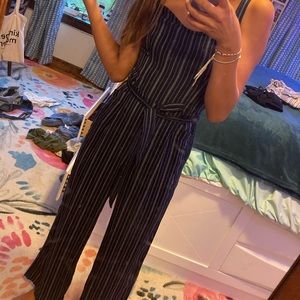 womens blue striped jumpsuit